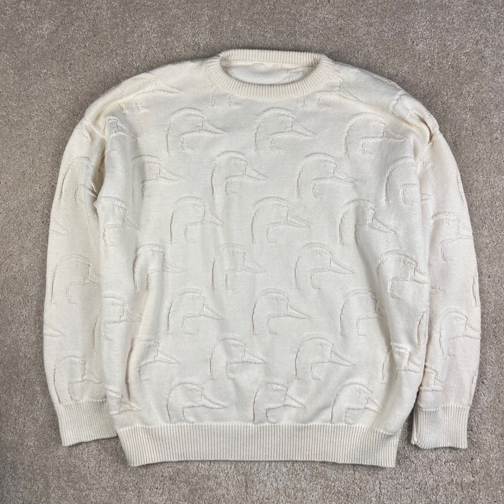 Vintage Ducks Unlimited Cream Embossed Duck Head Cotton Sweater Mens XL USA